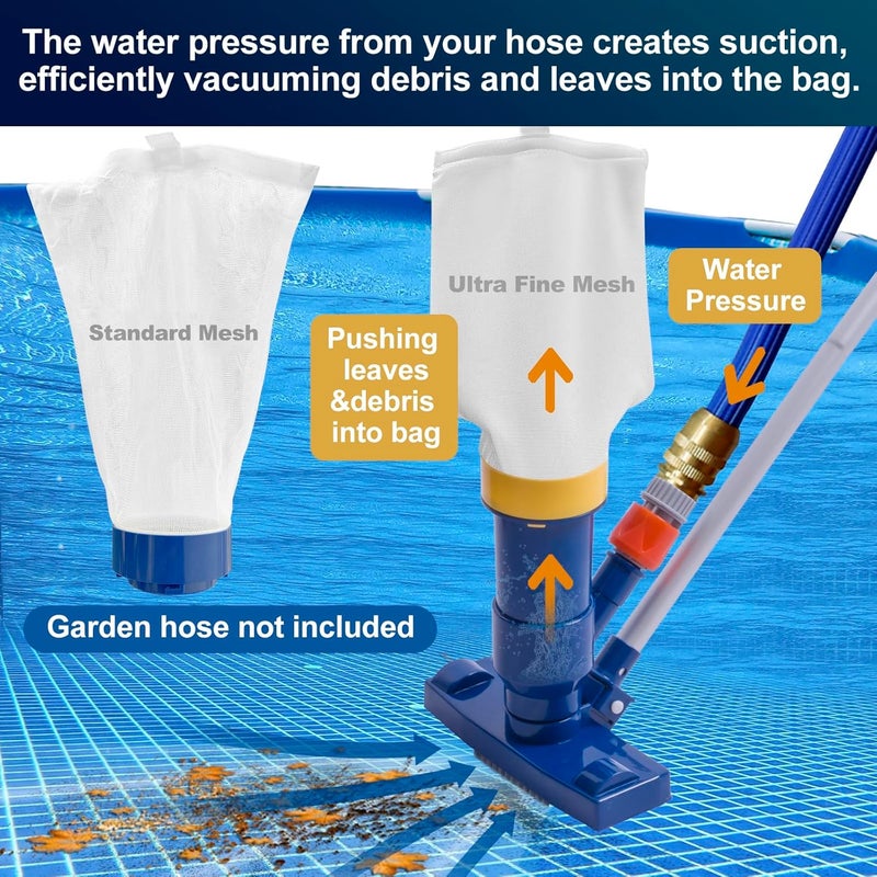 POOLAZA Manual Pool Vacuum for Above Ground Pool Upgrade with Fine Mesh Bag& 56" Pole, Handheld Pool Vacuum Jet Underwater Cleaner, Spa Pool Vacuum Cleaner Attach to Garden Hose - Image 3